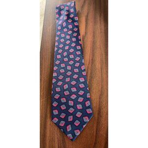 Vintage Men’s Nino Cerruti Abstract Tie Handmade All 100% Silk Navy Red Squares